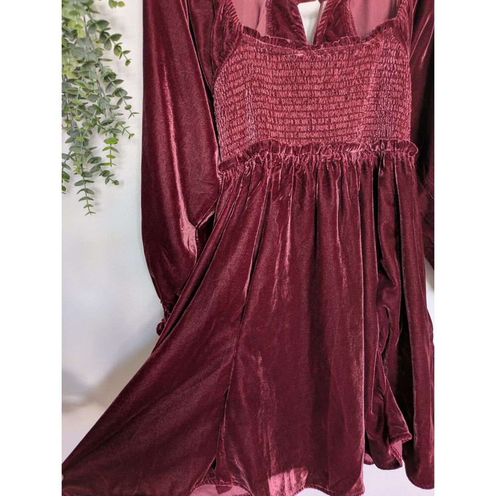 Free People Daphne Velvet Mini Dress Burgundy Wine Red Smocked M - Picture 3 of 7
